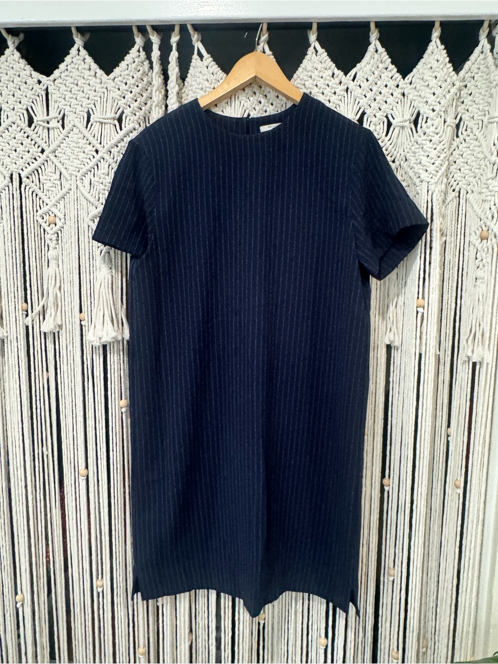 MM Lafleur Navy Pinstripe Short-Sleeve Midi Dress